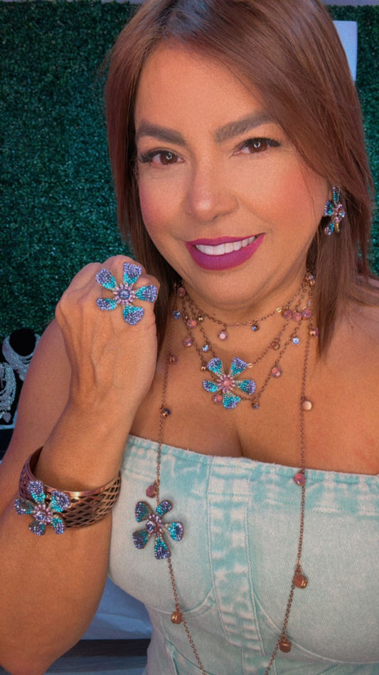Set Completo Elegante Flor Violeta y Azul